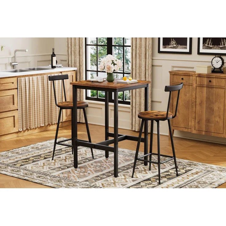 Bar-Tisch und Hocker-Set, Esstisch mit zwei Stühlen mit Fußpolstern, Metallgestell, Bar-Tisch-Set im Industrial-Stil,geeignet für Esszimmer, Wohnzimmer usw, rustikale braune Oberfläche, 60cm*60cm*90cm – Bild 5