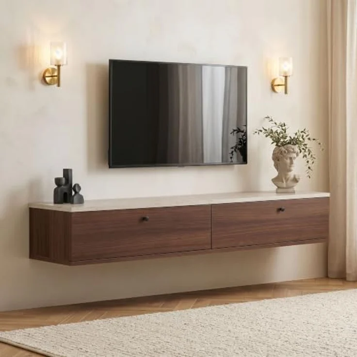 Hanah Home Stilvoller TV-Ständer, 160 cm, Travertin & Walnuss, 25 cm hoch | Strapazierfähige, melaminbeschichtete Spanplatte, inklusive Wandhalterung | Modernes Design fürs Wohnzimmer – Bild 2
