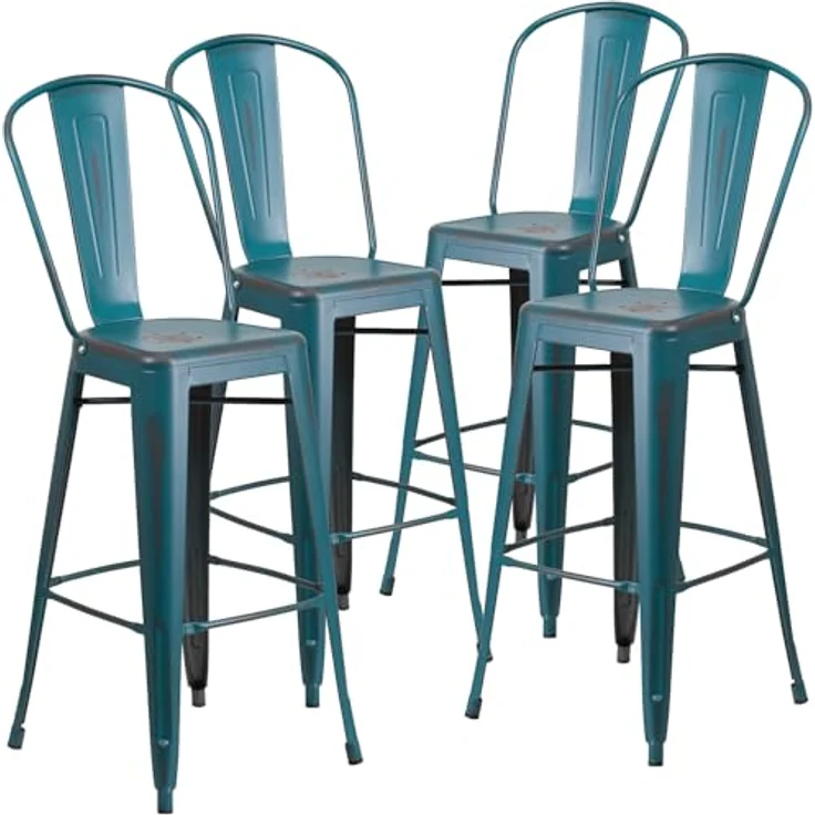 Flash Furniture Blake Barhocker mit Rückenlehne, kommerzielle Qualität, 76,2 cm hoch, Used-Look, Blaugrün, Metall, für drinnen und draußen, 4 Stück – Bild 2