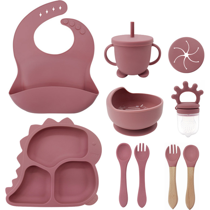 ABC Kindergeschirr-Set mit Dinosaurier-Motiv, Schüssel aus lebensmittelechtem Silikon, Babygeschirr für die Beikostvorbereitung, mit Fächern - dunkelrosa