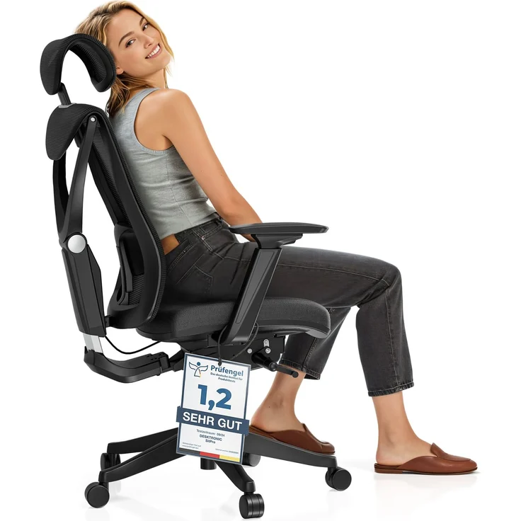Desktronic Bürostuhl Verstellbarer Ergonomischer SitPro, Schwarz 3-Dimensional Armlehne, Integrierte 5-Wege-Lendenwirbelstütze – Bild 2