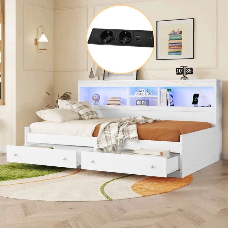Merax Kinderbett LED Daybett Einzelbett 90x200cm mit Ladefunktion und 2 Schubladen, Weiß – Bild 1
