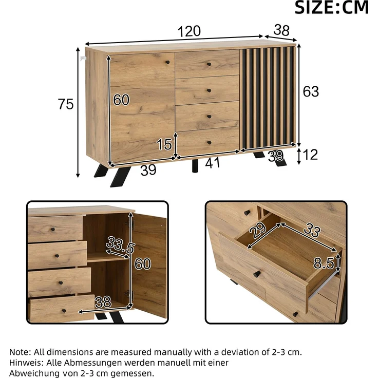 DESVIAE Sideboard mit 4 Schubladen und 2 Schränken 120x75x38 cm MDF Schwarz/Naturholz – Bild 10