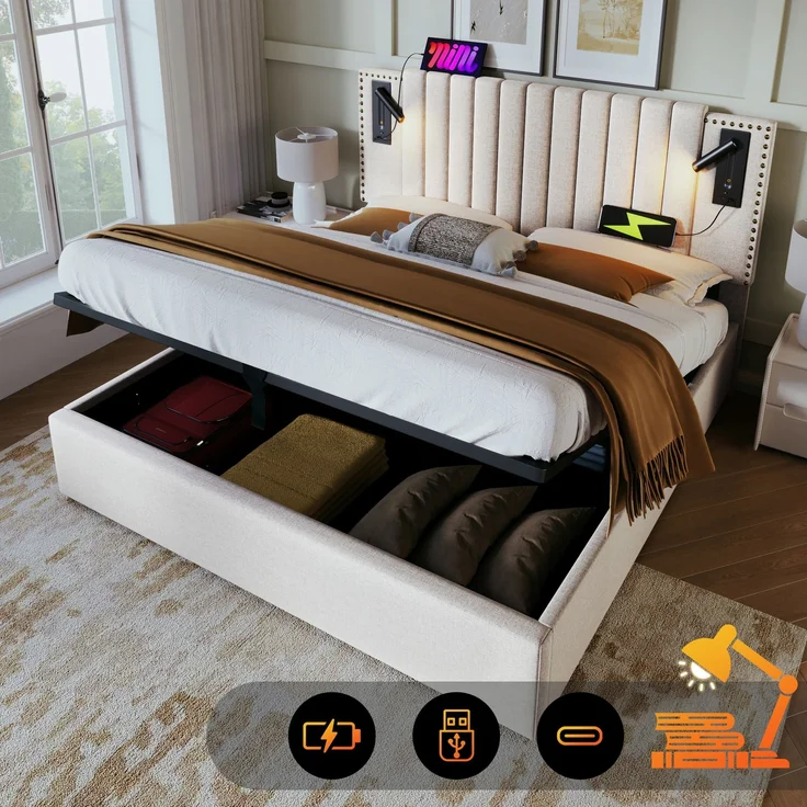 TavilaEcon Boxspringbett mit verstellbarem Kopfteil, Polsterbett Beige Liegefläche 160 × 200 cm – Bild 8