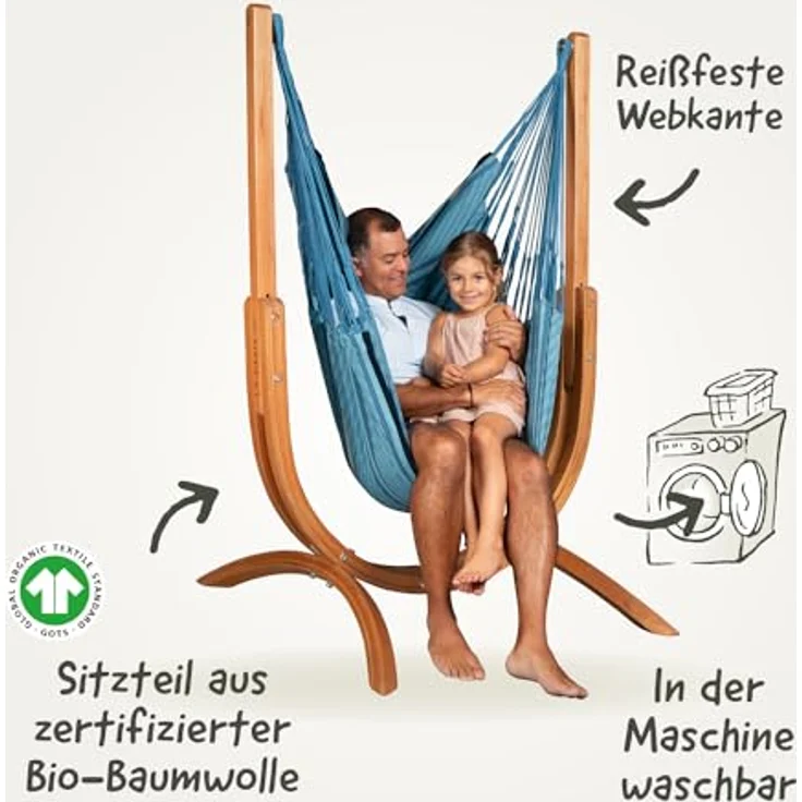 La Siesta 'Udine Organic Zebra' Hängesessel, blau, Bio-Baumwolle mit Eucalyptus-Gestell, 115 x 180 x 125 cm – Bild 4