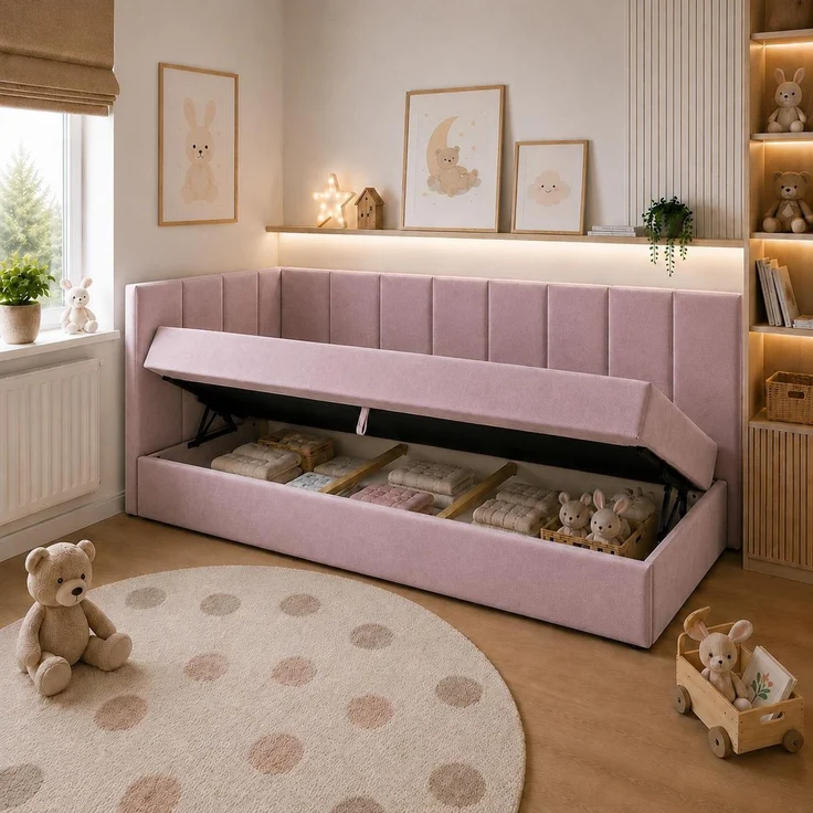 KRISAN MÖBEL Polsterbett TEDY in Rosa 100 x 200 cm mit Bettkasten, gepolstertem Kopfteil und praktischem Stauraum, modernes Einzelbett für Kinder- und Jugendzimmer – Bild 5