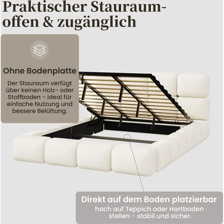 Gepolstertes Doppelbett, 180 x 200 cm, hydraulisch verstellbar, wolkenförmiges Bett, Stauraumbett, Bubble-Design, mit Lattenrost, Kopfteil und großem Stauraum, gepolstertes Kopfteil, weißer Schlingenveloursstoff. – Bild 9