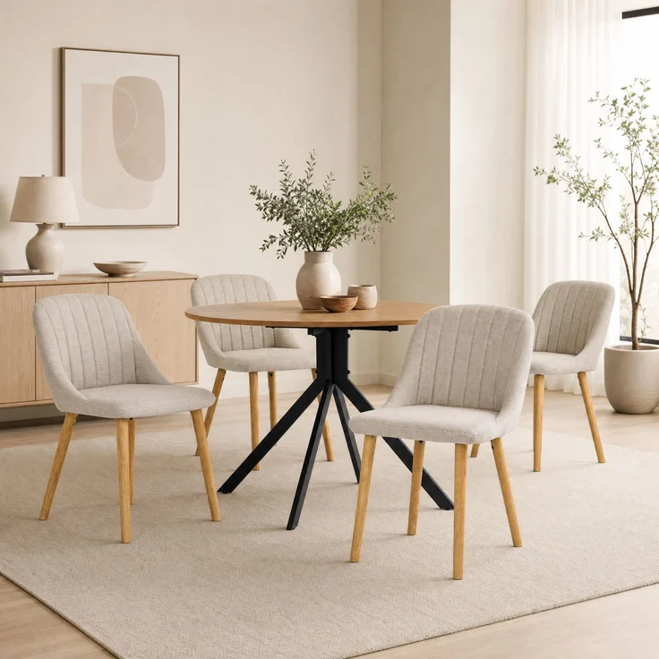 GOEURVANT 1001 Esstisch Set rund Ø 100 cm in Wildeiche-Optik, Küchentisch mit 4 eleganten Stühlen in Beige – Bild 1