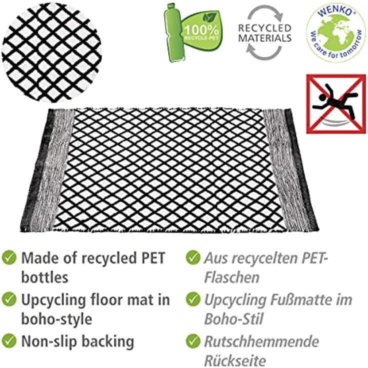WENKO Badematte Tara, nachhaltiger Badteppich aus 100% Polyester, Ethno-Design Schwarz-Weiß, 50 x 80 cm, rutschhemmend, waschbar bis 40°C – Bild 2