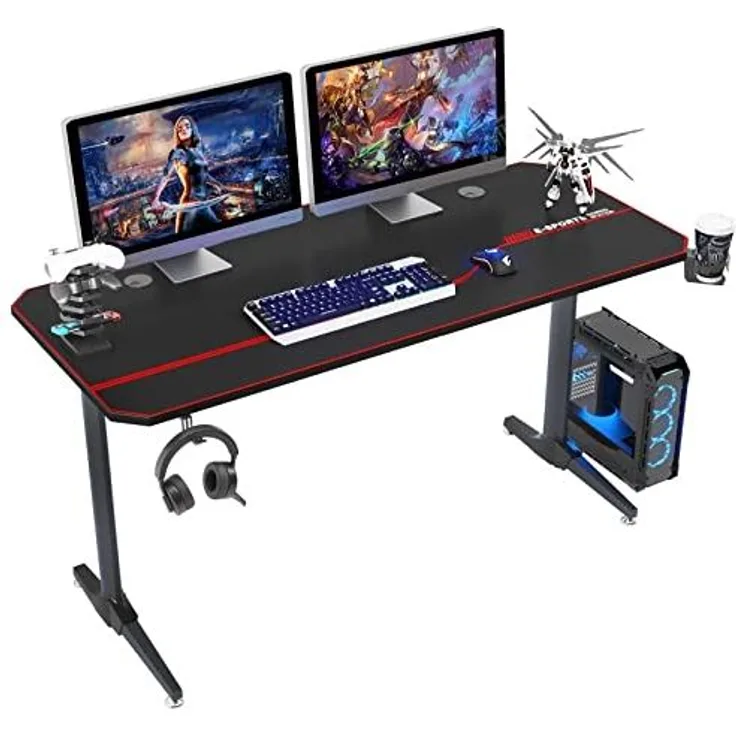 sogesfurniture Gaming Tisch 140cm Gaming Schreibtisch, Gamer Computertisch PC Tisch mit Großer Mausunterlage, Getränkehalter, Kopfhörerhaken, ST-Eagle-1400BK-BH