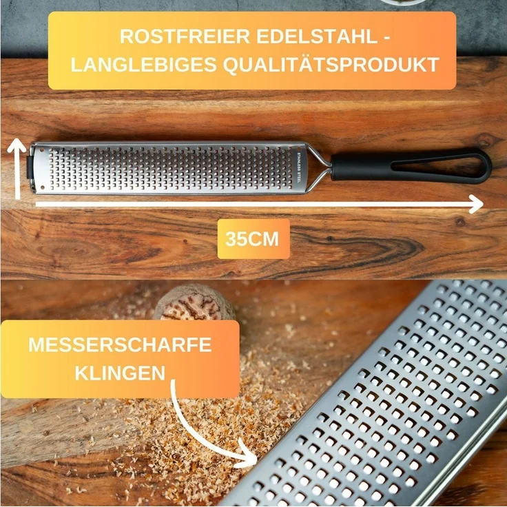 Thiru Multireibe Premium mit Edelstahl Klingen und rutschfestem Fuß inkl. Schutzelement, Fein, Messerscharfe Klingen, inklusive Schutzelemt und Rezeptbuch – Bild 2