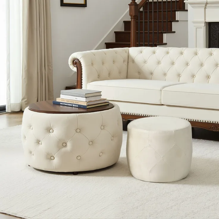 Luxuriöses 2er-Set Nesting-Hocker aus Samt, 4-in-1-Funktion, runder Stauraum-Fußhocker mit Holzablage, kein Aufbau erforderlich, Beige--Beige--59.6x59.6x38cm--YOUDENOVA