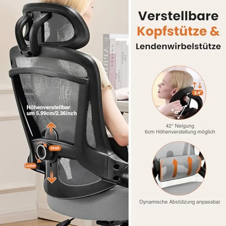 Sweetcrispy Ergonomischer Bürostuhl, Schreibtischstuhl Ergonomisch, Atmungsaktiver Netzstuhl mit Verstellbarer Kopfstütze, Armlehnen, Höhenverstellbarer Lendenwirbelstütze, für Homeoffice, Grau – Bild 7