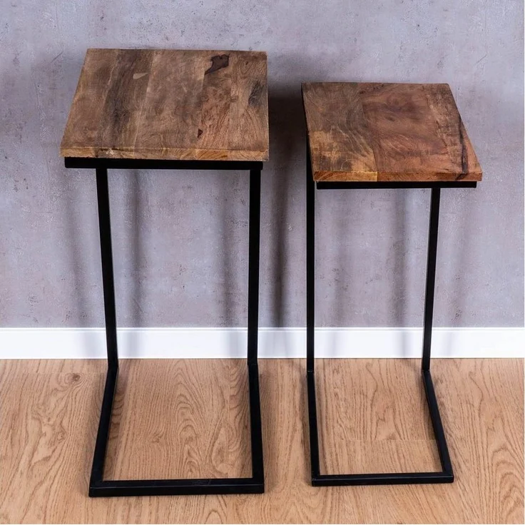 Levandeo® Couchtisch, 2er Set Beistelltisch Mango Natur Eisen Schwarz Design Holz – Bild 2