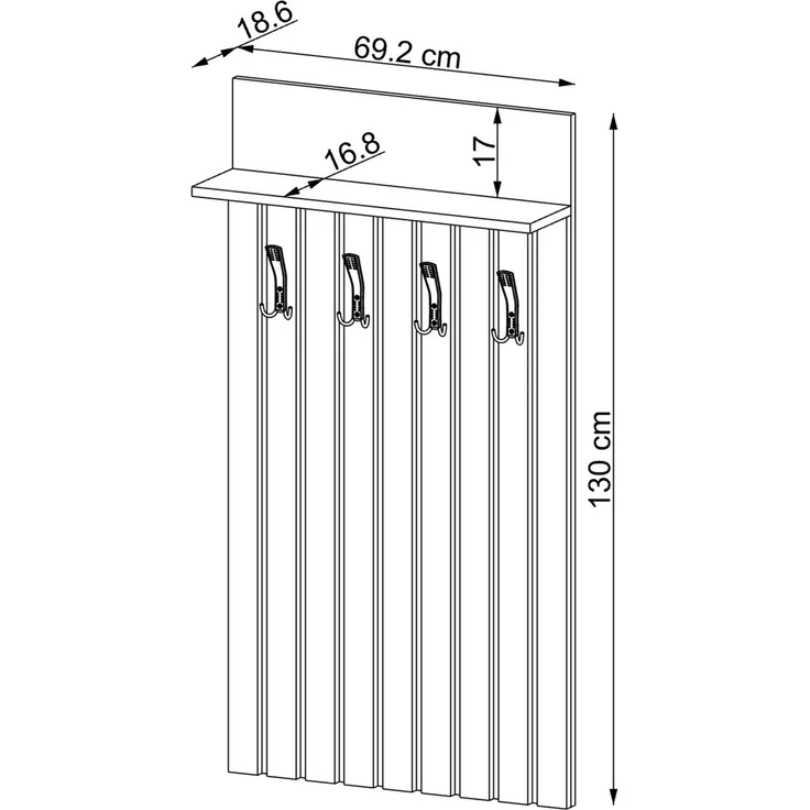 Roomart NORD Garderobenpaneel 130 cm – Wandgarderobe mit 4 Doppelhaken & Hutablage in Lamellenoptik – H 130 x B 69.2 x T 18.6 cm • Beige – Bild 4