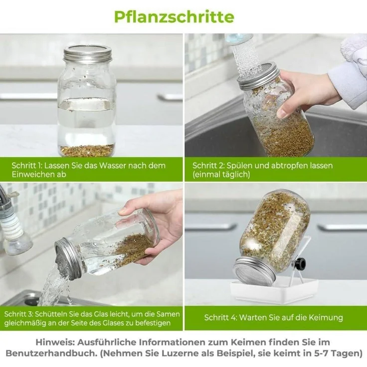 Ecooe Sprossen Keimglas Set Sprouting Jar Edelstahl 304 Ständer 3er 750ml – Bild 6