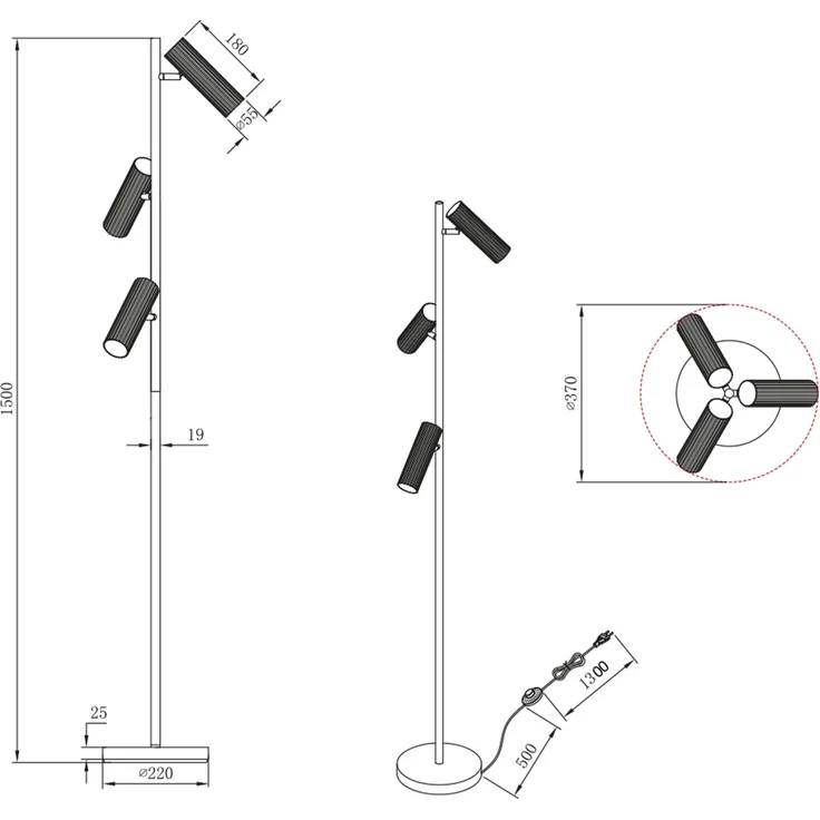 Moderne Stehlampe SOKA mit 3 schwenkbaren Spots, Hellgrau, Höhe 150cm – Bild 5