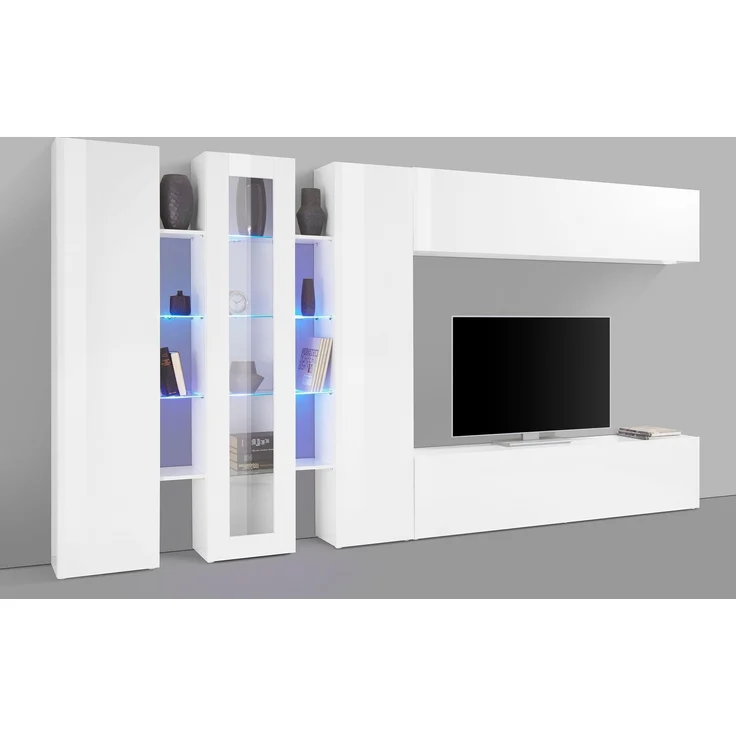 Wohnwand >Benevent< (7-teilig) in Weiß Hochglanz - 380x180x30 (BxHxT) – Bild 1