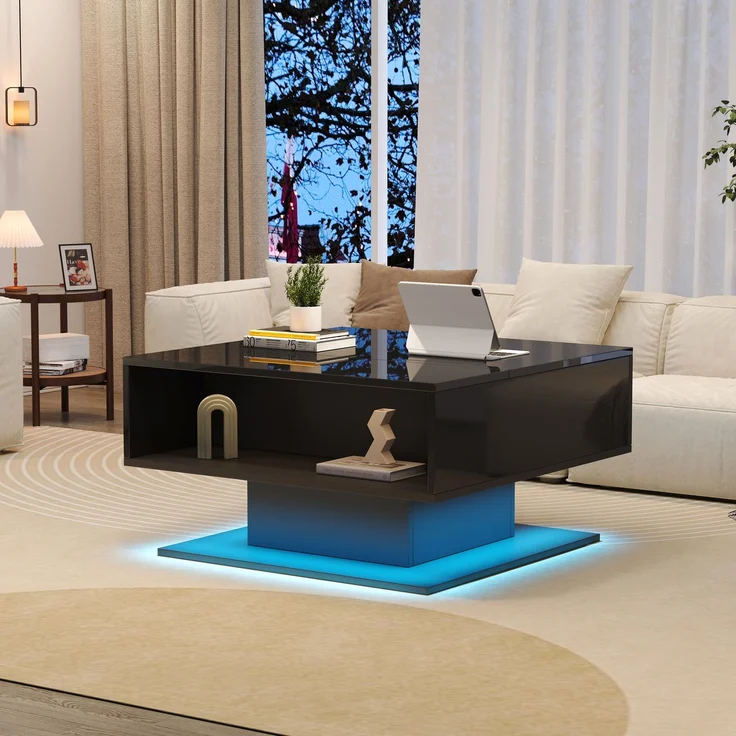 Couchtisch mit LED-Beleuchtung, verstecktem Stauraum und Hochglanzoptik, Lift-Design Sofatisch in Schwarz, mit USB-Anschluss – Bild 4