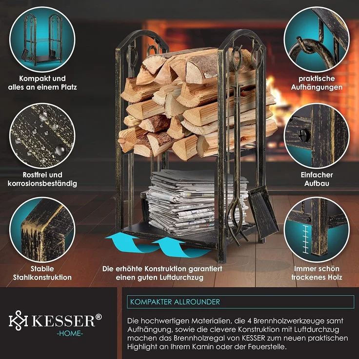 KESSER® Kaminholzregal 5-teiliges Set Kaminholzständer Feuerholzablage Brennholzregal Innen und Aussen Metall 2 Ebenen 4 Kaminwerkzeug für Kamin & Ofen, Stahl 40 x 30 x 74,5 cm Verstellbar Gold/Schwarz – Bild 6