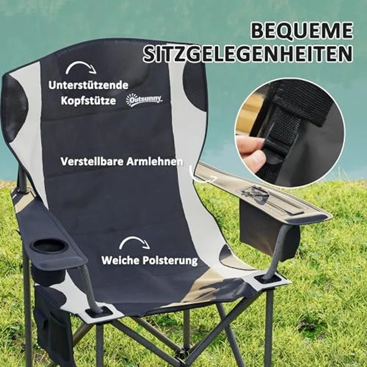 Outsunny Campingstuhl mit Armlehnen Getränkehalter Kopfstütze Kühltasche (2er Set Faltstuhl, 2 St), bis 120kg belast, gepolstert, für Garten, Camping – Bild 4