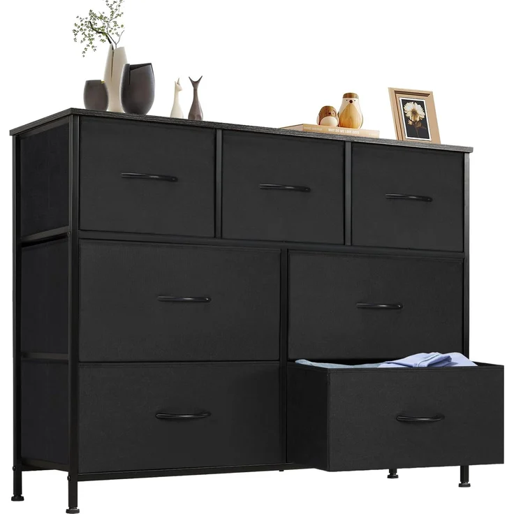 Sweetcrispy Kommode,Sideboard Wohnzimmer für Schlafzimmer mit 7 Stoffschubladen,Einstellbare Füße Schubladenschrank,Schwarz