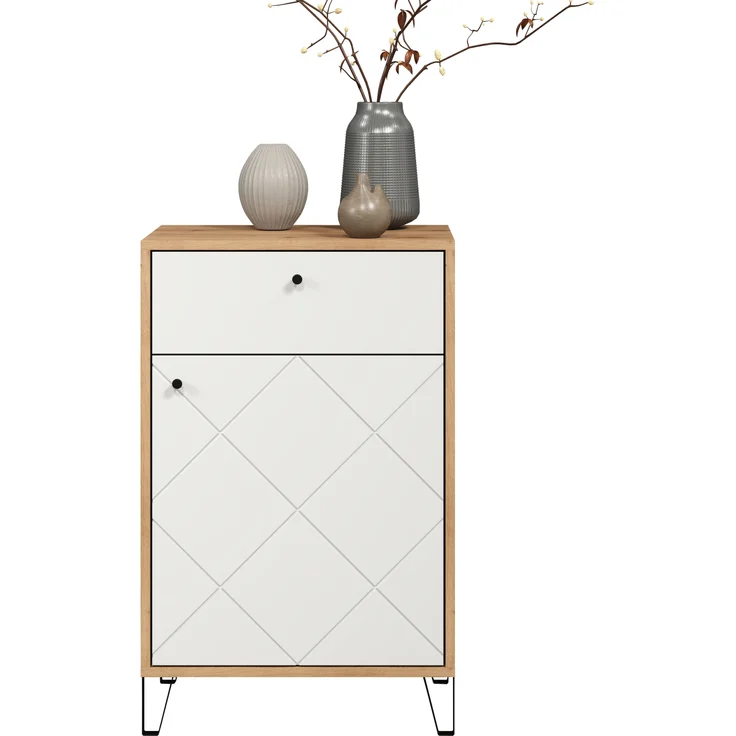 trendteam smart living - Touch - Kommode - Eiche/Weiß - Garderobenkommode mit moderner Rautenfräsung - Soft-Close - (BxHxT) 63 x 96 x 40 cm - Flurschrank mit Vollauszug-Schubladen – Bild 3