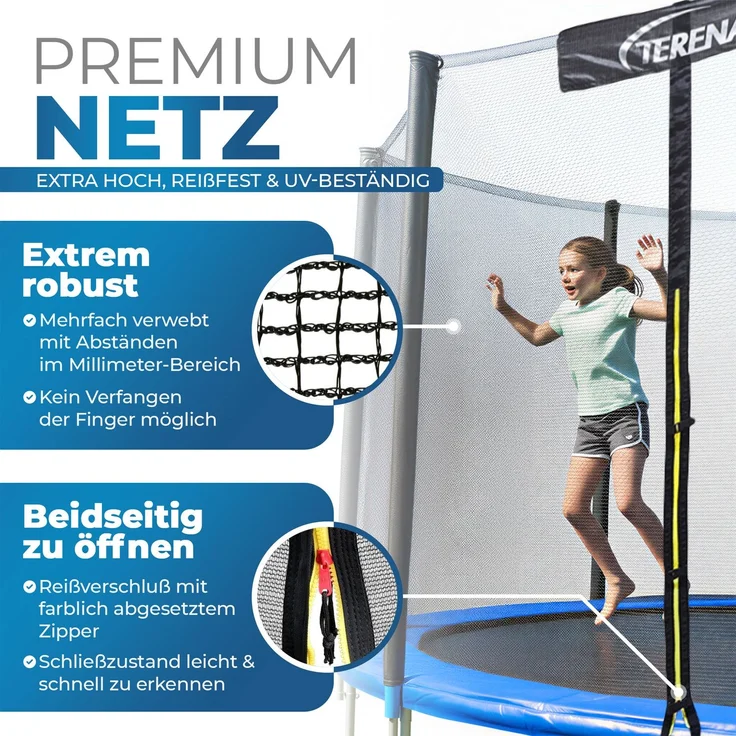 Terena® Trampolin 305 mit Sicherheitsnetz, Grau / Blau, bis 150kg – Bild 5