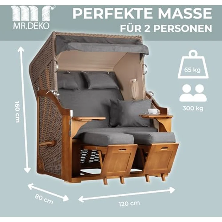 MR. DEKO Strandkorb 2-Sitzer Schleswig Pinie Braun PE Mokka, aufgebaut geliefert, BxTxH: 120x80x160 cm, 2-Sitzer, Schleswig, (Zweisitzer Strandkorb mit Bistrotischen & Fußstützen), Bereits montiert, UV-beständig, Volllieger & Edelstahl-Beschläge – Bild 4