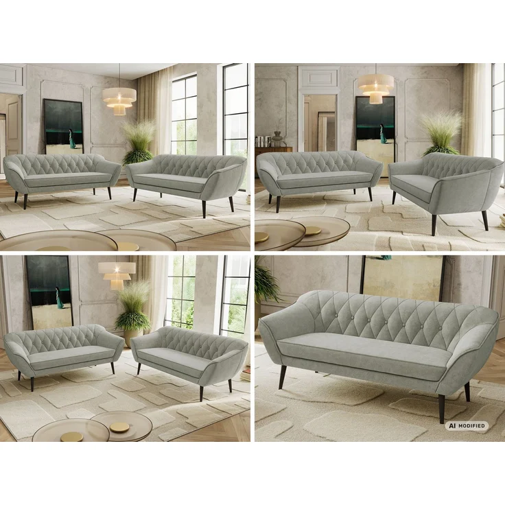 Wohnzimmerset Möbelset PIRS 3-3, Armlehnen, Wellenfederung, schwarze Füße, Dreisitzer Sofa, Polstermöbel Set - Hellgrau Stukture – Bild 2