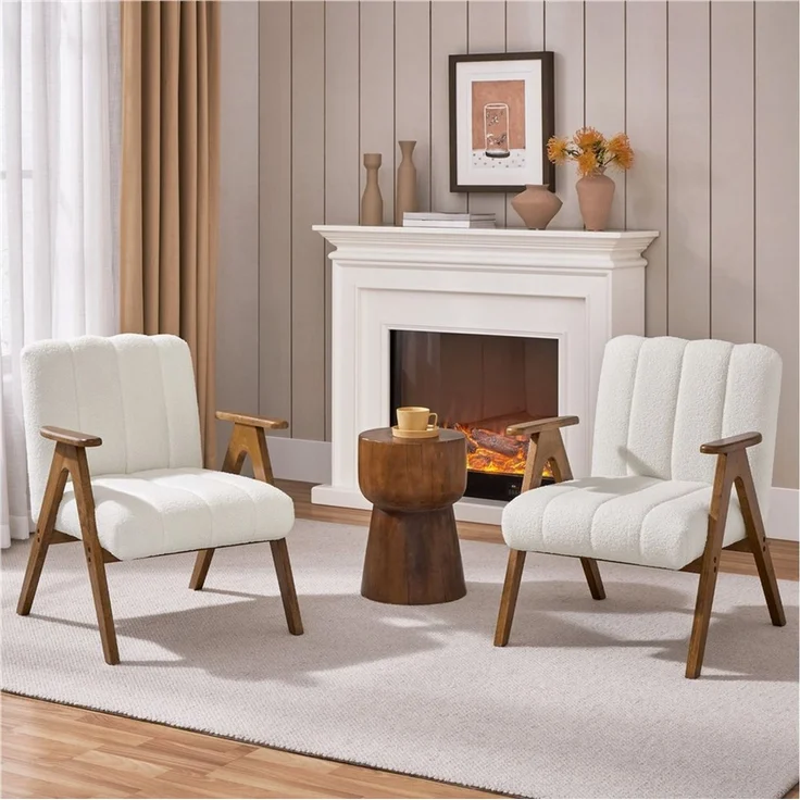 Yaheetech Loungesessel mit Armlehnen, Bouclé weiß / Gummibaumholz natur, 73 x 68,5 x 60,5 cm – Bild 2