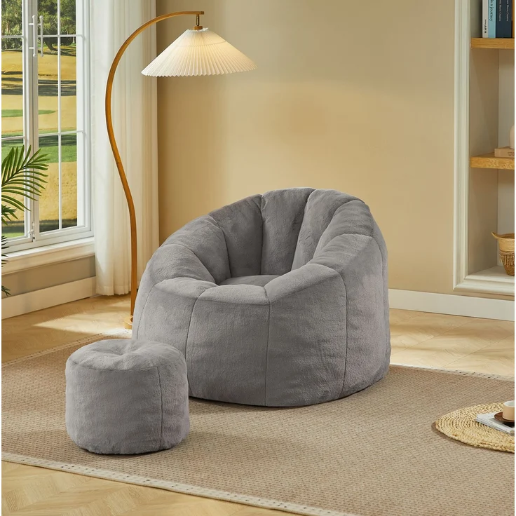 Sitzsack 105 x 105 x 70 cm mit Fußhocker – Blütenform aus Kaninchenfell-Imitat in Grau – Bild 3