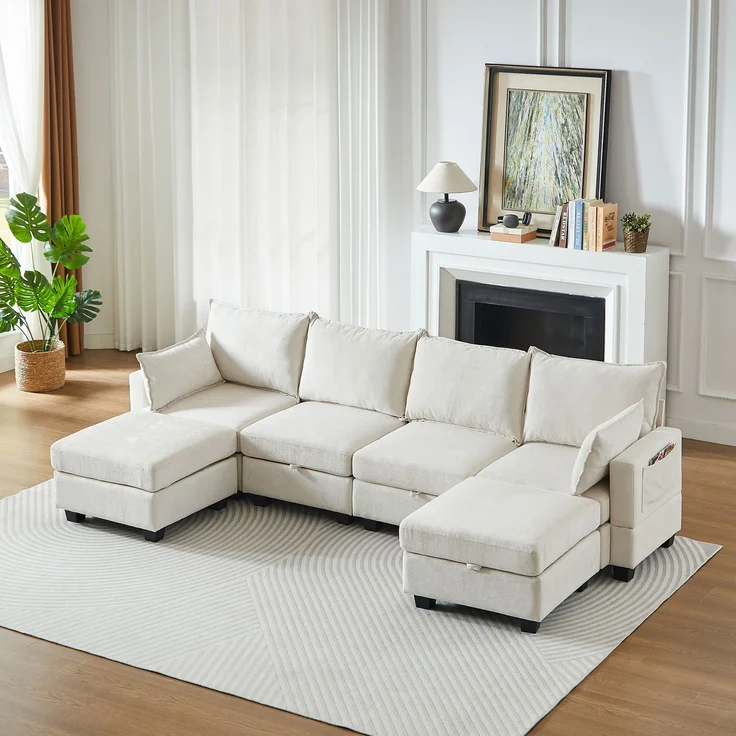 EINHOM Modulares Chenille-Sofa, Ecksofas für das Wohnzimmer U-förmiges Ecksofa mit Stauraum-Ottomane, 6-Sitzer-Ecksofas mit Chaiselongue – Bild 3