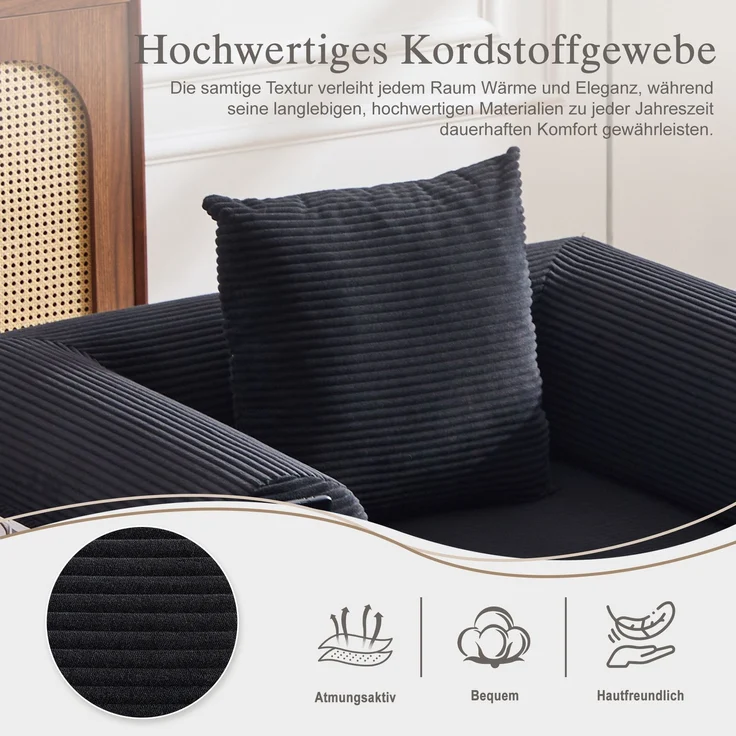 LVHOM 3-in-1 Schlafsessel, Klappsofa mit Schlaffunktion, Einzelschlafsofa mit Seitentaschen und Kissen, Polstersofa aus Cordstoff, frei Kombination, Schwarz – Bild 9