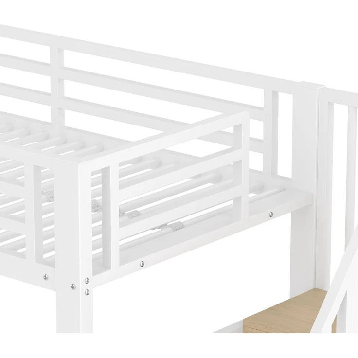 EINHOM Hochbett, 90 x 200 cm, Eisenrahmen, Ablagefach, Integrierte Stufen, Schutzgeländer, Leiter, mit LED-Lichtleiste, Offener Stauraum unter dem Bett, Matratze Nicht im Lieferumfang Enthalten, Weiß (Ohne Matratze) – Bild 6