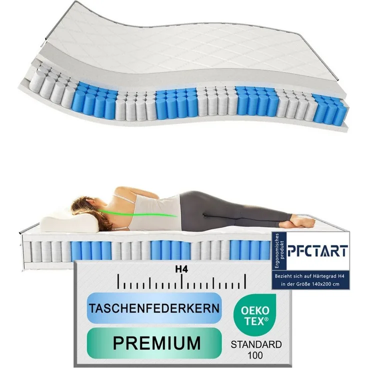 Taschenfederkernmatratze Taschenfederkernmatratze 90/140x200 cm H4, PFCTART, 25 cm hoch, (Set, atmungsaktiv, geräuscharm, OEKO-TEX, vakuumgerollt), ergonomische Federkernmatratze mit Gel-Memory-Schaum