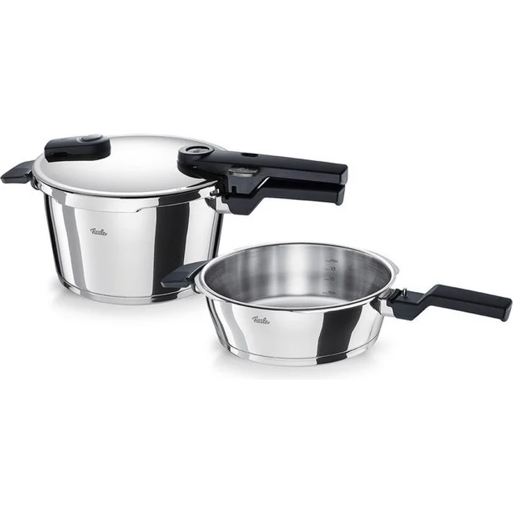 Fissler Schnellkochtopf Vitaquick®, Edelstahl 18/10 (Set, 3-tlg, 1 Schnellkochtopf 4,5 L, 1 Schnellbratpfanne 2,5 L, 1 Metalldeckel), Made in Germany – Bild 4