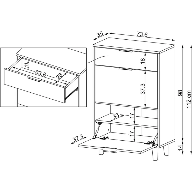 Roomart NORD Schuhschrank mit 2 Schuhklappen & Schublade – Schuhkipper für Flur, Diele & Eingangsbereich – H 112 x B 73.6 x T 35 cm • Weiß – Bild 5