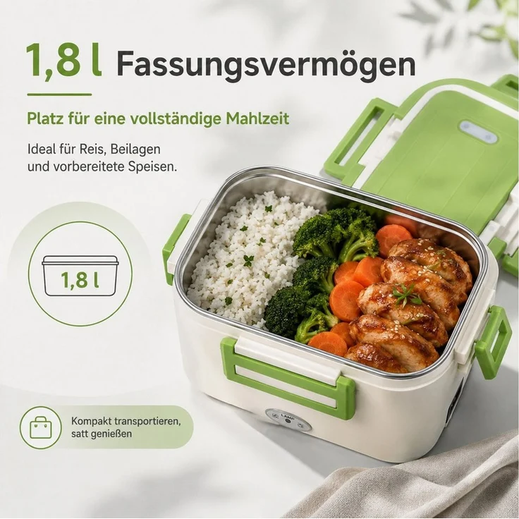 Fyrove Elektrische Lunchbox 80W Warmhaltebox Für Essen, 1,8L Aufwärmbehälter, (Für Essen 3-in-1 Electric Lunch Box, Selbsterhitzende Dosen, 12V/24V/230V für Arbeit & Auto), inkl. Besteck – Bild 2