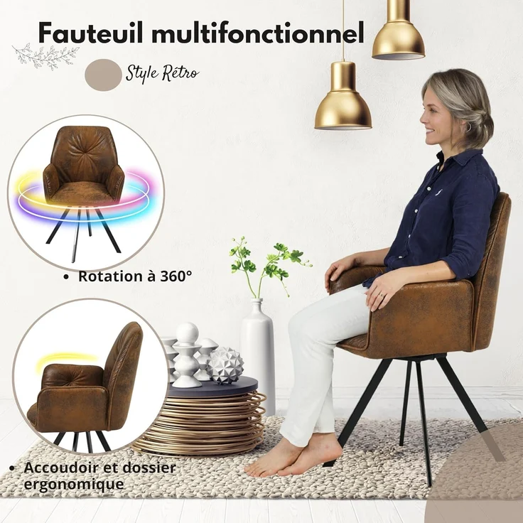 MEUBLE COSY Esszimmerstühle Drehbar 4er Set Küchenstuhl Polsterstuhl Drehstuhl mit Armlehne Sessel aus Wildleder Metallbeine, Sitzbreite 49 cm, für Esszimmer Wohnzimmer, Arbeitszimmer, Braun – Bild 6