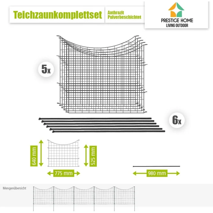 Teichzaun Unterbogen Set - 5 Zaunelemente ca. 390 x 52,5 cm - Anthrazit – Bild 6