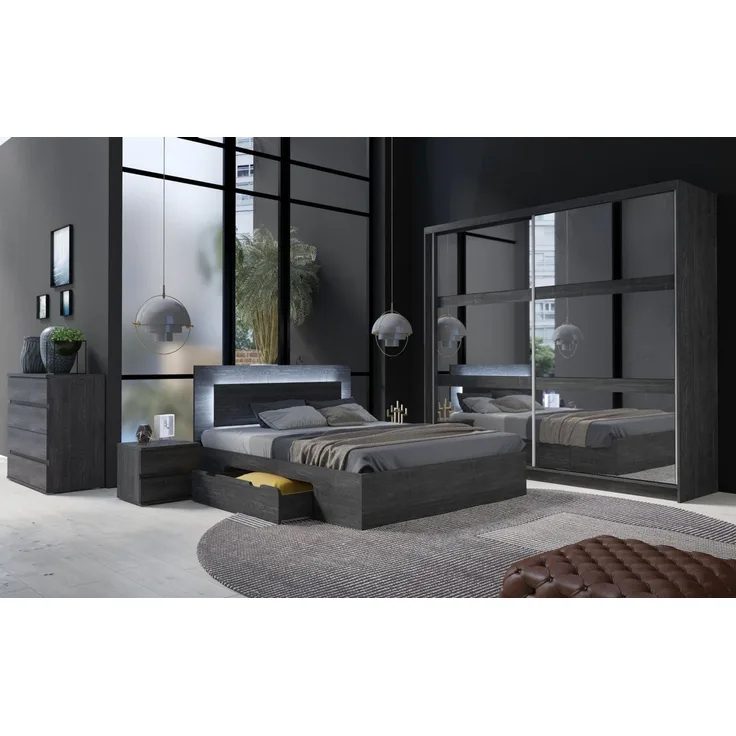 Lukas Möbel Komplettschlafzimmer Komplettschlafzimmer Togo in Anthrazit 5-teilig, Bett mit Bettkasten, Kleiderschrank mit Spiegeln, 5-teilig, Schwarz