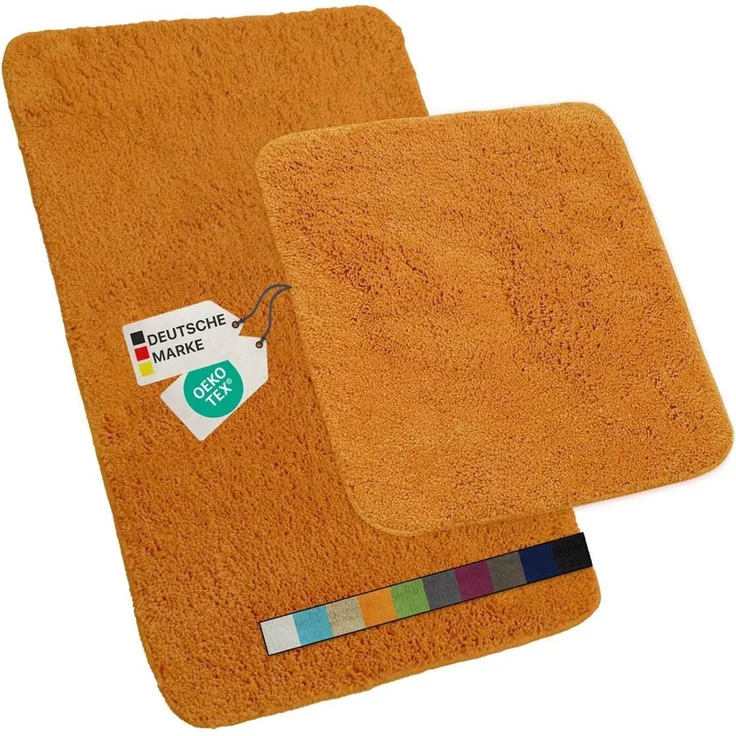 NYVI Badematte Badematten Set 2 teilig NYVISpa Lasalle Orange Badezimmerteppich Set, Höhe 20 mm, Polyester, Badematte 50x80 cm + WC Vorleger ohne Ausschnitt, Rutschfest & Waschbar