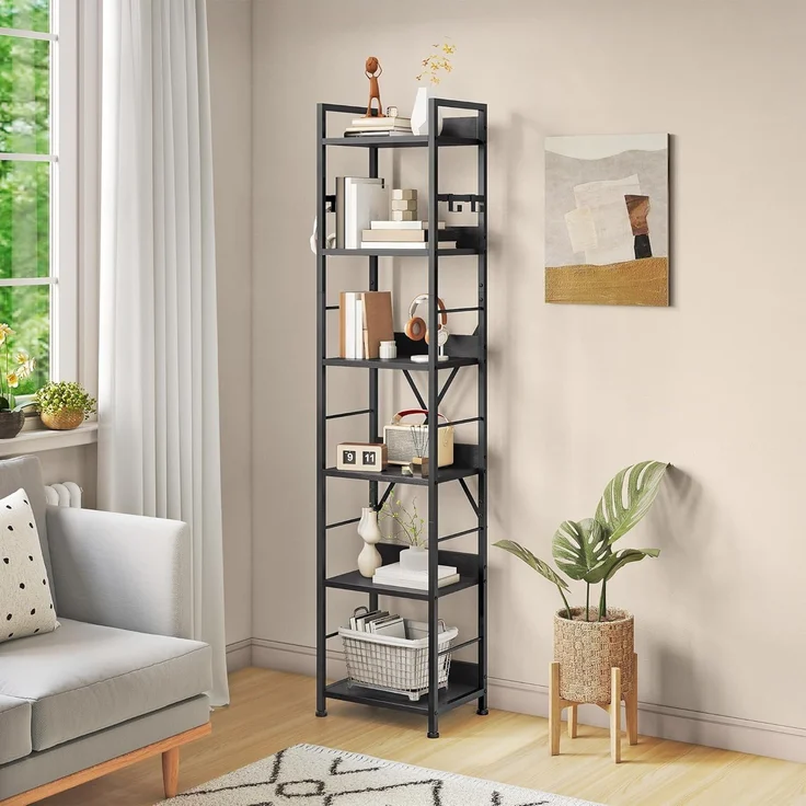 YITAHOME Bücherregal mit 6 Ebenen, Industrielles Standregal, Metallrahmen und Holzregale, Hohes Lagerregal mit 4 Haken, Präsentationsorganizer, für Wohnzimmer, Heimbüro, Schwarz Regal – Bild 1