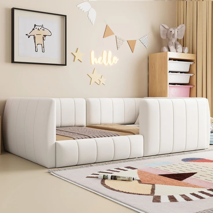 Merax Kinderbett 90 x 200cm Jugendbett, mit Sicherheitsgeländer, samt Beige – Bild 2