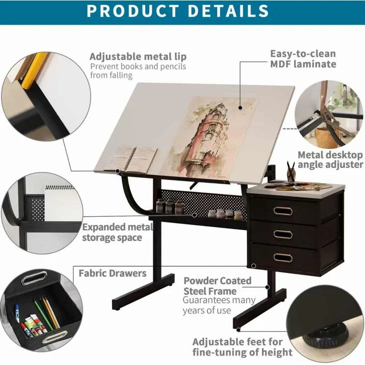 Zeichentisch mit neigbarer Arbeitsplatte & 3 Stoffschubladen, 90x60 cm, Weiß – Bild 5