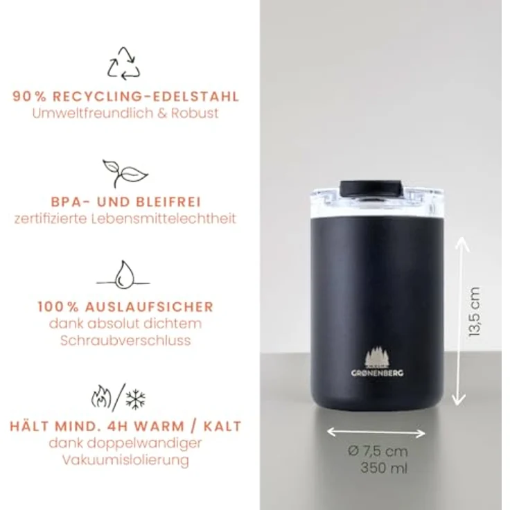 Groenenberg Thermobecher 350 ml aus recyceltem Edelstahl, 100% Auslaufsicher, hält mind. 4 h warm (Black) – Bild 2