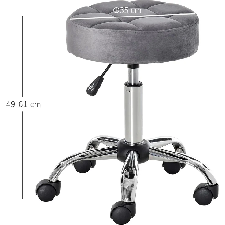 HOMCOM Rollsitz höhenverstellbarer Salonstuhl mit Rädern (Drehhocker, 1 St, Rollhocker), Hellgrau Ø35 x 49-61 cm – Bild 3