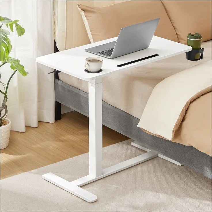 VASAGLE Beistelltisch mit Rollen, mobiler Stehtisch, 70 x 40 cm große Tischplatte, verstellbare Höhe, 2 Getränkehalter, Schlitz für Handy oder Tablet, wolkenweiß