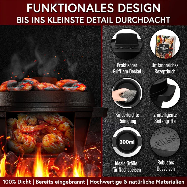 4er Mini Dutch Oven Set aus Gusseisen – mit Holzuntersetzern & Rezeptbuch, 300 ml Portionsgröße, für Grill, Backofen & Herd – Bild 2
